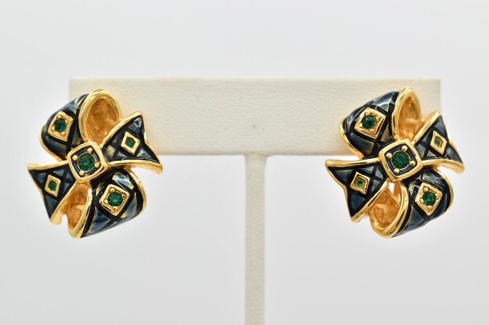 Joan Rivers Vintage Clip On Bow Earrings Green Rhinestone Enamel Signed BinAK